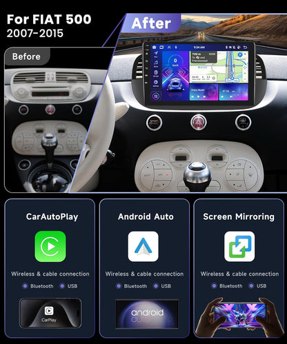 【2G+64G】 9''Autoradio Bluetooth Voor FIAT 500 2007-2015 Carplay Android Auto Draadloos,8-Core,Podofo Android Radio 2 din met scherm 1280 * 720 GPS Navi HiFi/RDS/FM DSP AHD Achteruitrijcamera