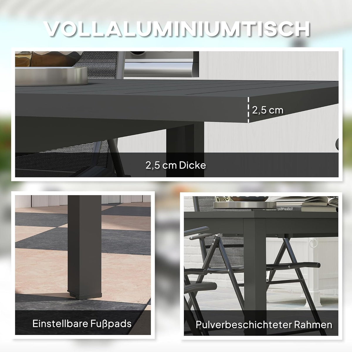 Outsunny Gartentisch Erweitert Aluminium 160/220x90cm Wetterfest Balcony, rutschfest Buffettisch Camping for 6-8 Persons, Outdoor Essisch für Garten, Terrasse Balcony Grau - QUORE