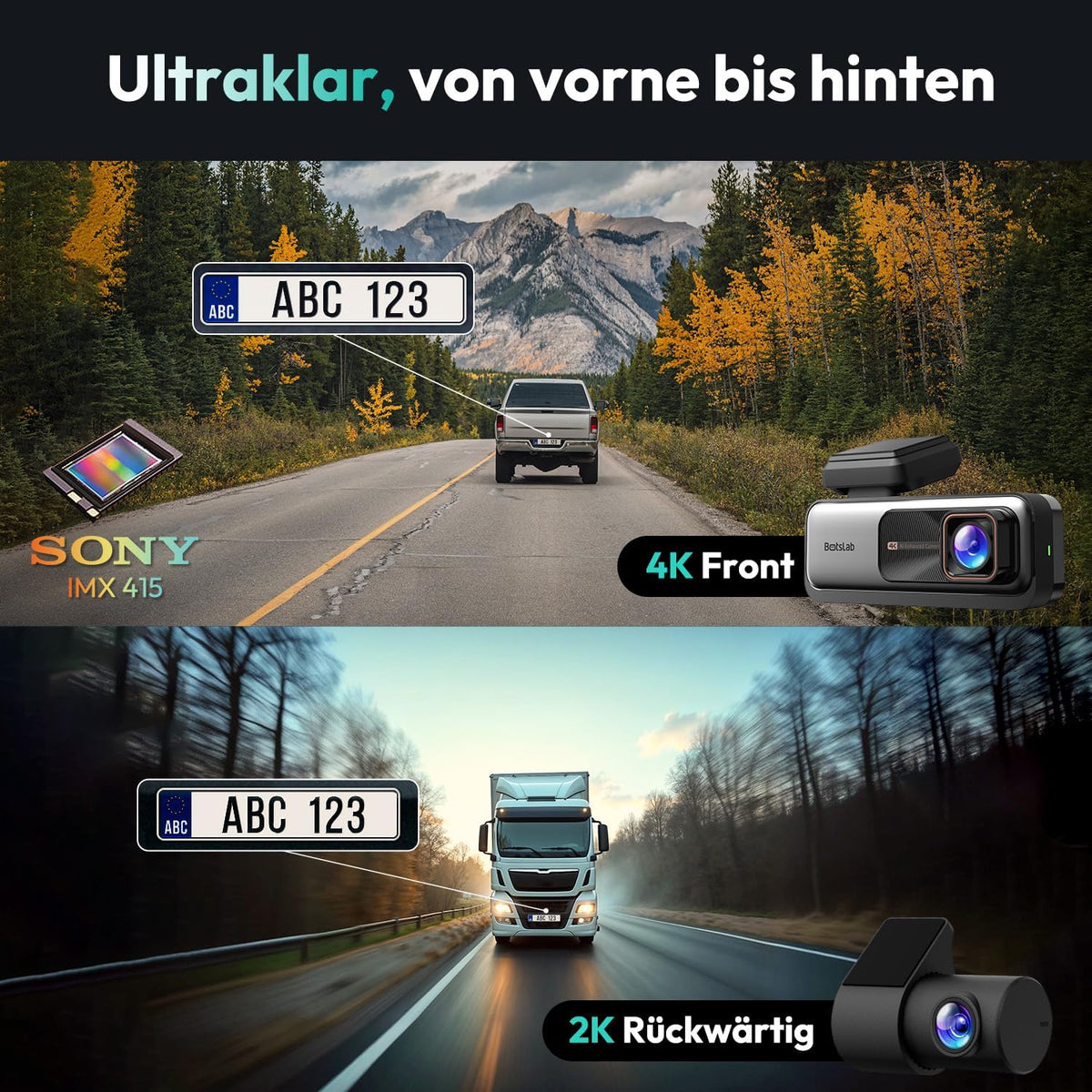 BOTSLAB 4K STARVIS Dashcam Auto voor en achter, wifi-autocamera, dashcam met GPS, ADAS, spraakbediening, gratis 64 GB kaart, nachtzicht, WDR, 2,45 inch IPS, 24/7 parkeerbewaking, loop-opname