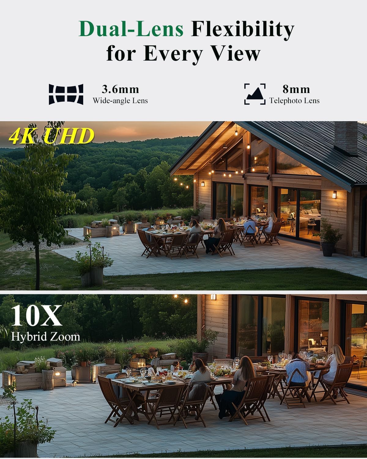 [10X Hybrid Zoom] Ctronics 4K 8MP Outdoor Security Camera with Dual-Lens, Auto Tracking & Zoom, 2.4/5GHz WiFi, AI Human/Vehicle/Animal Detection, 256GB TF/Cloud/FTP/NAS Storage, Color Night Vision