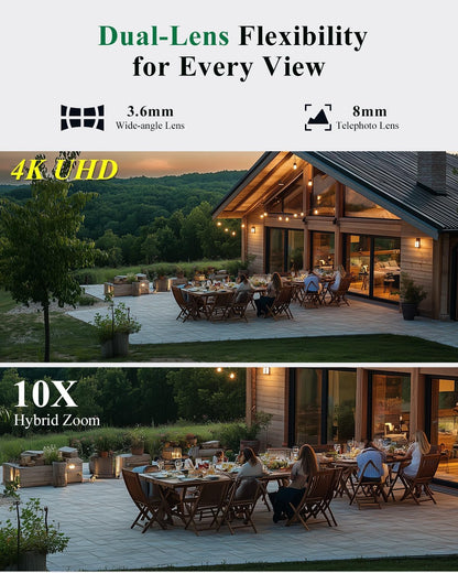 [10X Hybrid Zoom] Ctronics 4K 8MP Outdoor Security Camera with Dual-Lens, Auto Tracking & Zoom, 2.4/5GHz WiFi, AI Human/Vehicle/Animal Detection, 256GB TF/Cloud/FTP/NAS Storage, Color Night Vision