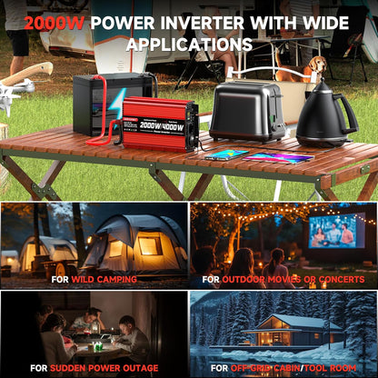 2000 W omvormer DC 12 V naar AC 230 V spanningsomvormer 2 AC stopcontact & USB-poort stroomomvormer met LCD-display, Power Inverter voor auto, auto, caravan, vrachtwagen