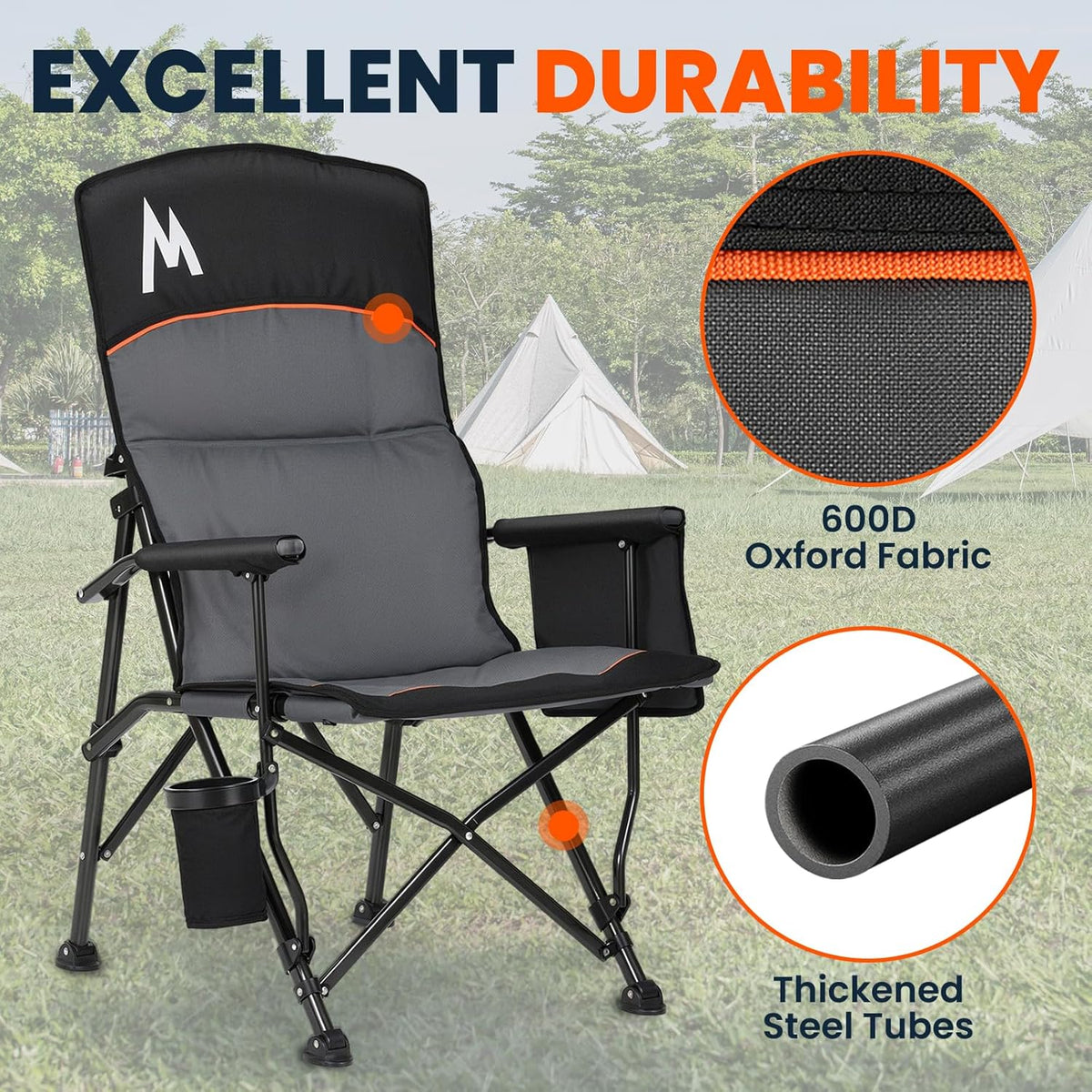 OVERMONT Campingstoel, hoge rugleuning, opvouwbaar, met hoofdsteun, klapstoel, draagbaar tot 226 kg, tuinstoel, inklapbaar met gevoerde armleuningen, voor outdoor, wandelen, picknick