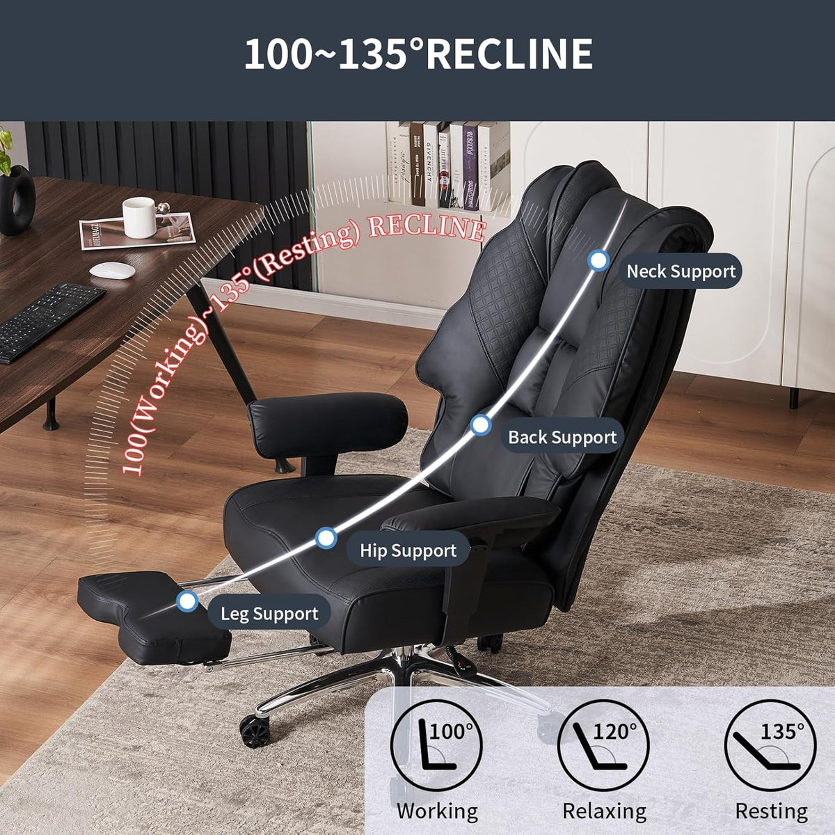 Bureaustoel – Kantoorstoel – Directiestoel – Werkstoel – Gamingstoel – XXL Zitting 57,5 cm – Ergonomische Hoge Rugleuning met Lendesteun
