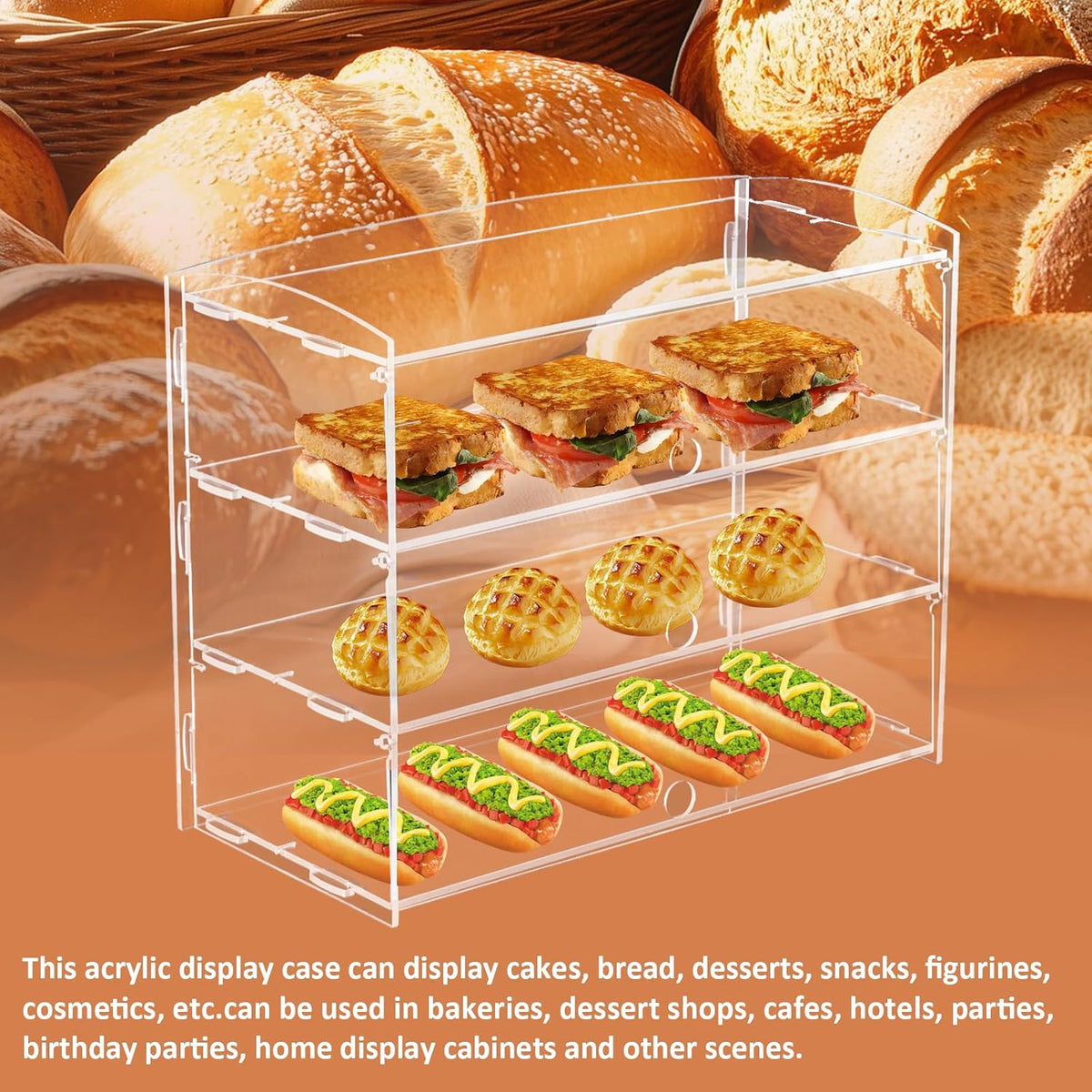 BAOSHISHAN Bakkerij, acrylvitrine, 49 x 24 x 40 cm, 3 lagen, voor bakkerij, cake, gebak, sandwiches, display