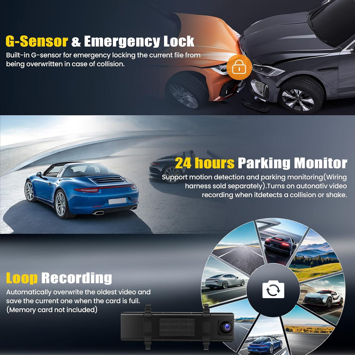 Dashcam Voor En Achter – Autocamera – Auto Dashcam – Dubbele Dashcam – Camera Voor Auto – 11,26 Inch IPS-Touchscreen – 4K+1080P Voor- En Achteropname Met GPS