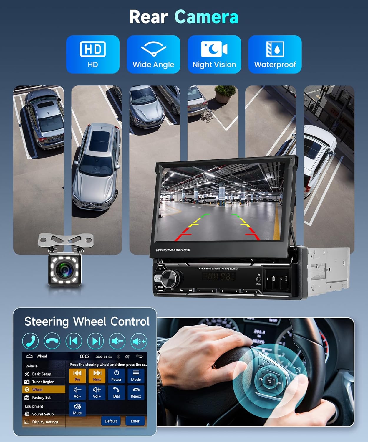 Rimoody Autoradio, 1 Din Wireless Carplay Android Auto met 7 Pollici HD touchscreen, handmatig intrekbare beeldscherm, autoradio met Bluetooth GPS Navi Mirror Link FM/AM/RDS radio TF/USB/AUX