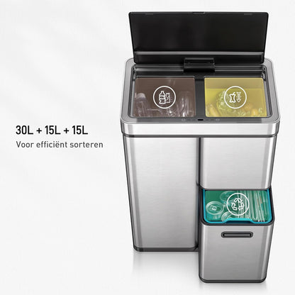 Afvalbak met Sensor – Prullenbak – Vuilnisbak – Afvalemmer – Recyclebak – 60 Liter 3-Vaks – Roestvrij Staal – Automatisch Openende Soft-Close Deksel