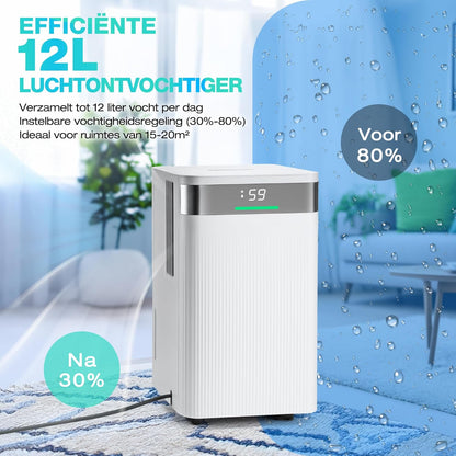 HAUSHOF Luchtontvochtiger 12L/Dag, Elektrische Ontvochtiger met 2L Tank en LED Display, 3 Modus, Dehumidifier voor Slaapkamer, Kelder, Badkamer, Verwijderd Damp