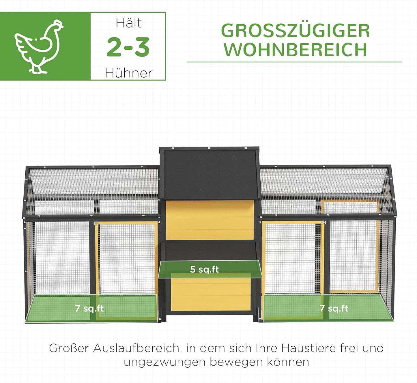 PawHut Hühnerstall aus Holz Hühnerhaus mit Nistkasten Geflügelstall mit Rampe, Gehege für Hühner Doppel-Laufstall mit Tablett, Gelb, 247 x 125 x 113.5 cm - QUORE