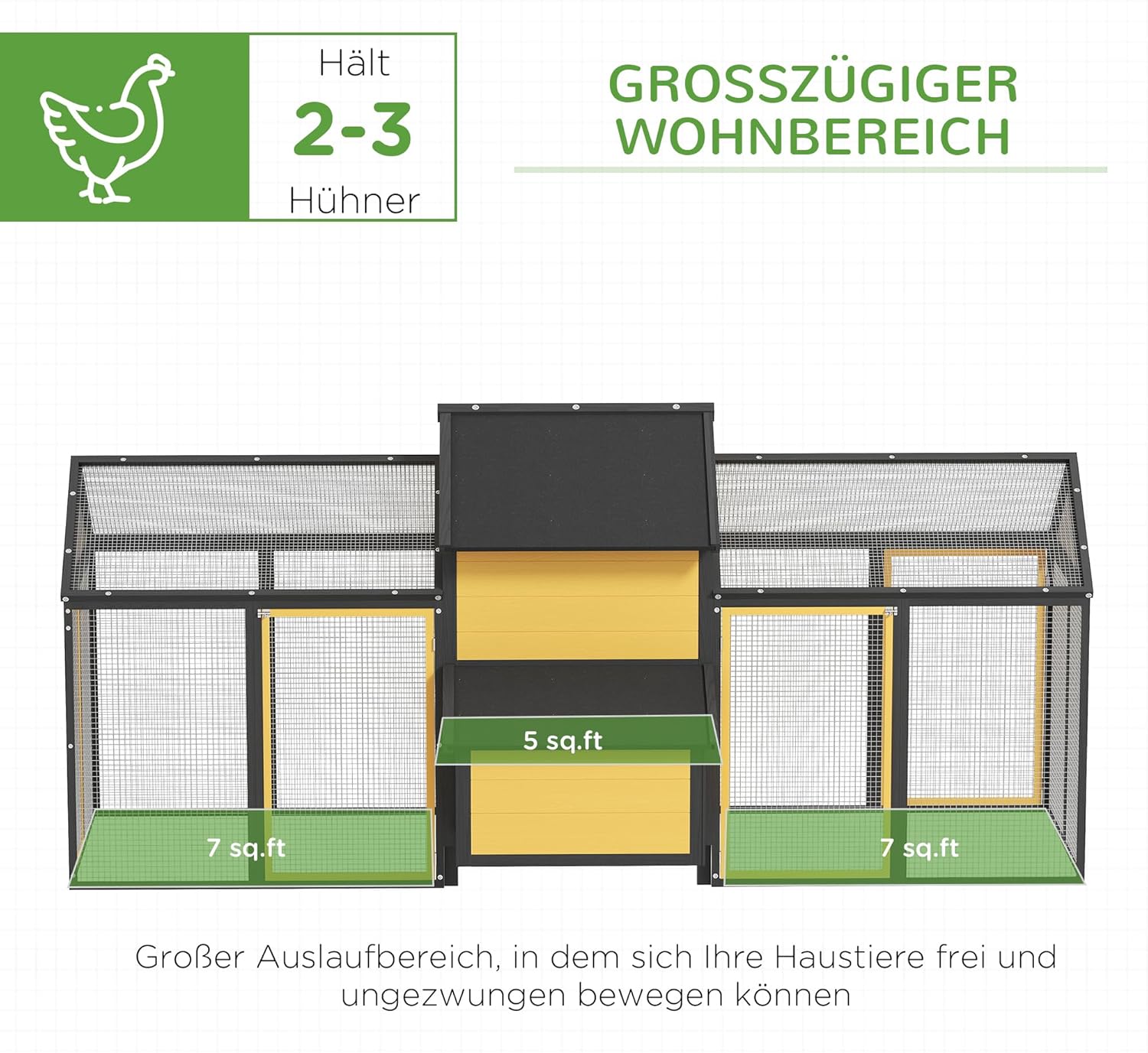 PawHut Hühnerstall aus Holz Hühnerhaus mit Nistkasten Geflügelstall mit Rampe, Gehege für Hühner Doppel-Laufstall mit Tablett, Gelb, 247 x 125 x 113.5 cm - QUORE
