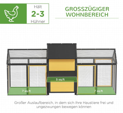 PawHut Hühnerstall aus Holz Hühnerhaus mit Nistkasten Geflügelstall mit Rampe, Gehege für Hühner Doppel-Laufstall mit Tablett, Gelb, 247 x 125 x 113.5 cm - QUORE