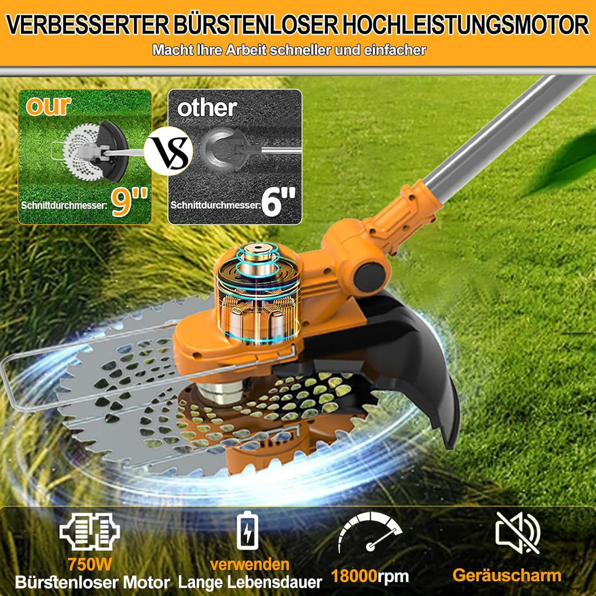 Draadloze grastrimmer met accu 21 V borstelloze bosmaaier met 2 accu's 4,0 Ah en onkruidborstel, 4-in-1 telescopische elektrische bosmaaier, draadloos, oranje