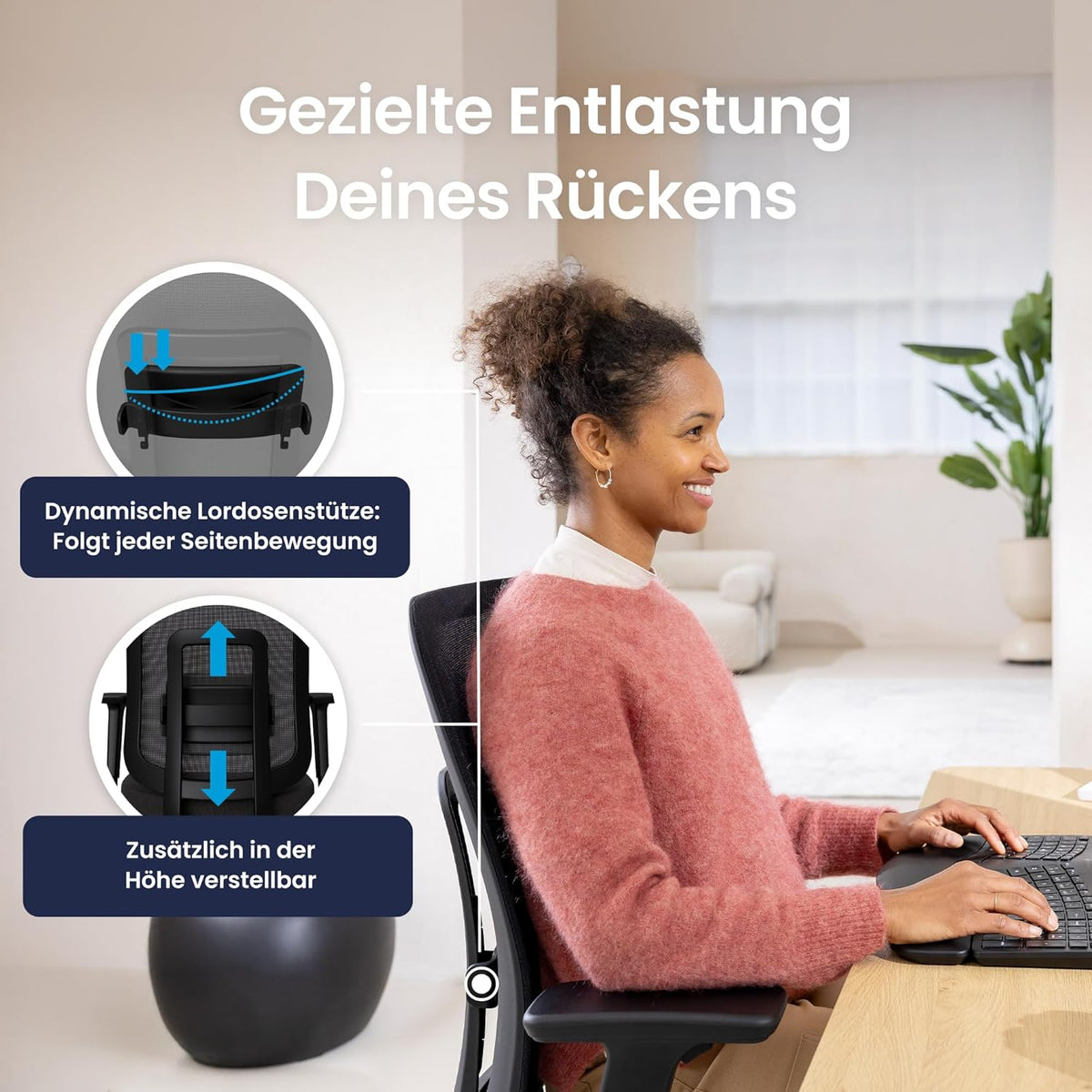 Ergotopia PureBack Ergonomische bureaustoel, ergonomisch met 4D-armleuningen en synchroonmechanisme, voor thuiskantoor, kantoor en gaming, comfortabele draaistoel voor gezond zitten