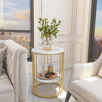 Marmeren Top Bijzettafel Goud: Kleine Ronde Eindtafels 40 x 54 cm Gesinterde Steen Nachtkastje met Metalen Gouden Poten Moderne Witte Nachtkast 2-laags Ronde Sofa Salontafel voor Slaapkamer Woonkamer