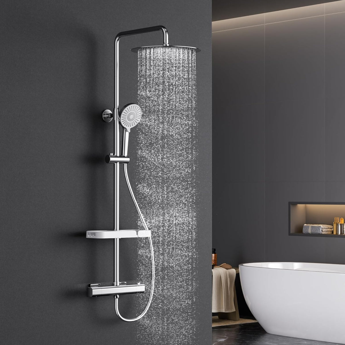 Douchesysteem met Thermostaat – Douchekraan – Regendouche – Handdouche – Douche Set – Roestvrij Staal – 30 cm Regendouche – 3 Spray Instellingen – Verstelbare Hoogte