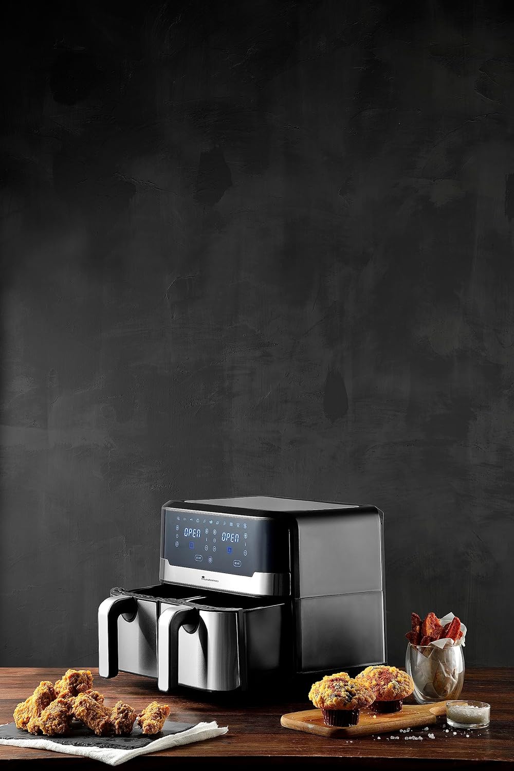 MasterPRO Rocket Duo 900 Dubbele friteuse, olievrij, zwart, 9 l en 2400 W, led-display met touchpad en anti-aanbakmand, rechthoekige siliconen bakplaat, 12,7 x 19,5 x 7 + 2 cm