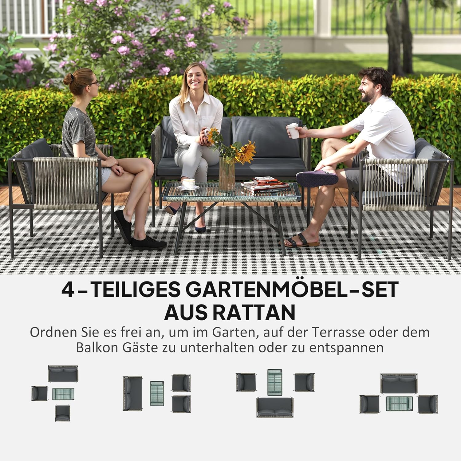 Outsunny Polyrattan Garden Furniture Set with 2-Piece Sofa, Chair, Glass Table, Cushion, Weatherproof, Balcony Furniture for 4 Persons, Outdoor Seating, Patio Furniture for Garden Balcony, Grey - QUORE