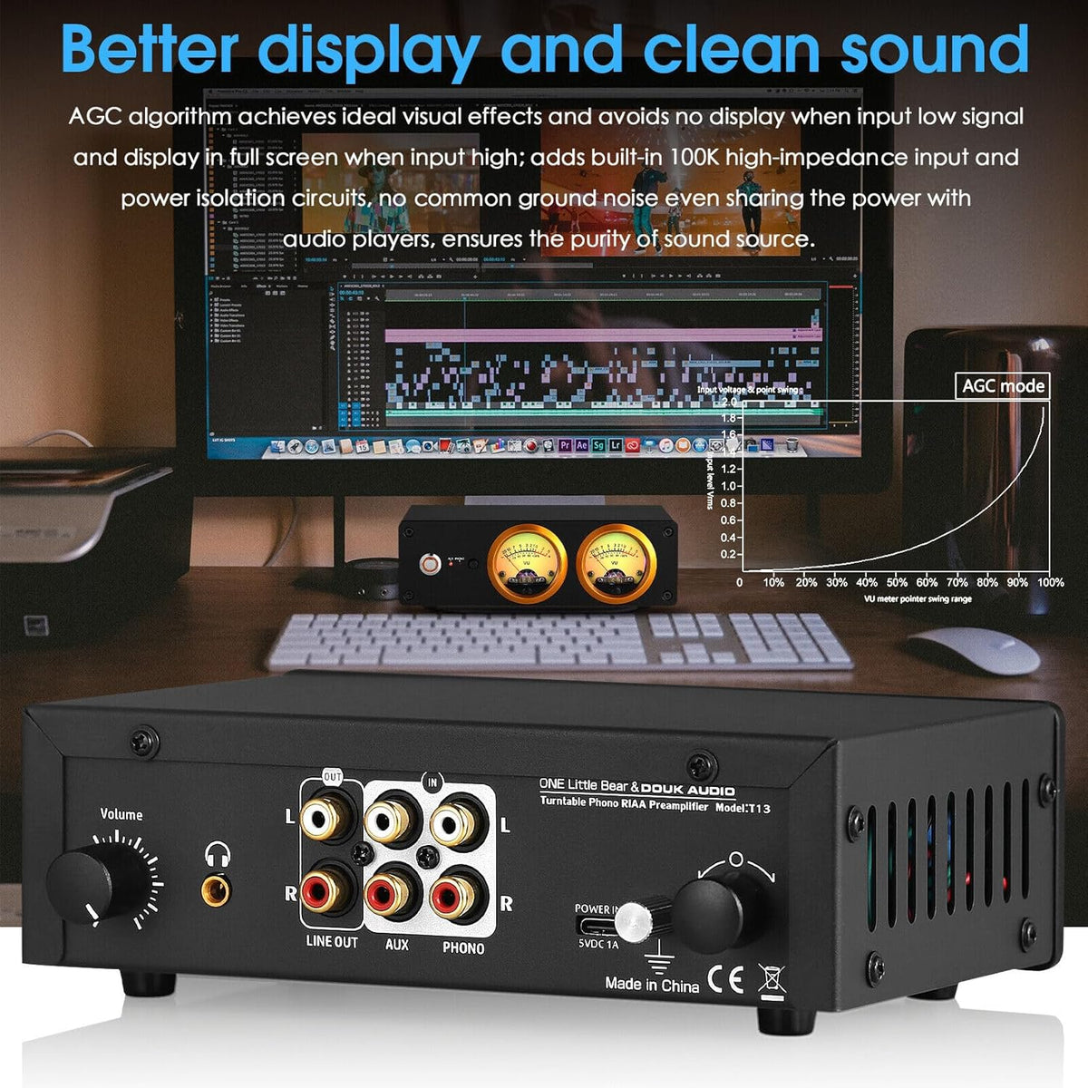 HiFi Phono Voorversterker voor MM platenspeler, hoofdtelefoonversterker met VU-meter (T13)