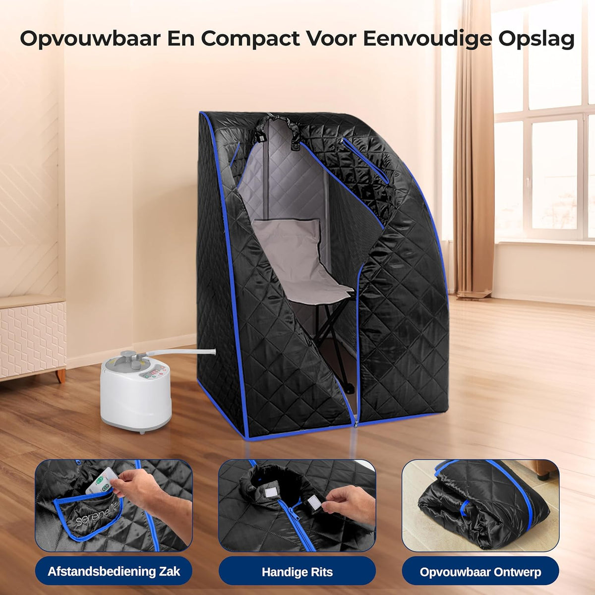 SereneLife Draagbare Sauna -Thuissauna- Stoomsauna Tent met 2L Stomer- Opvouwbare Stoel-Stoomapparaat- Compacte Persoonlijke Detox Sauna- Afstandsbediening - 101 x 86 cm-Zwart