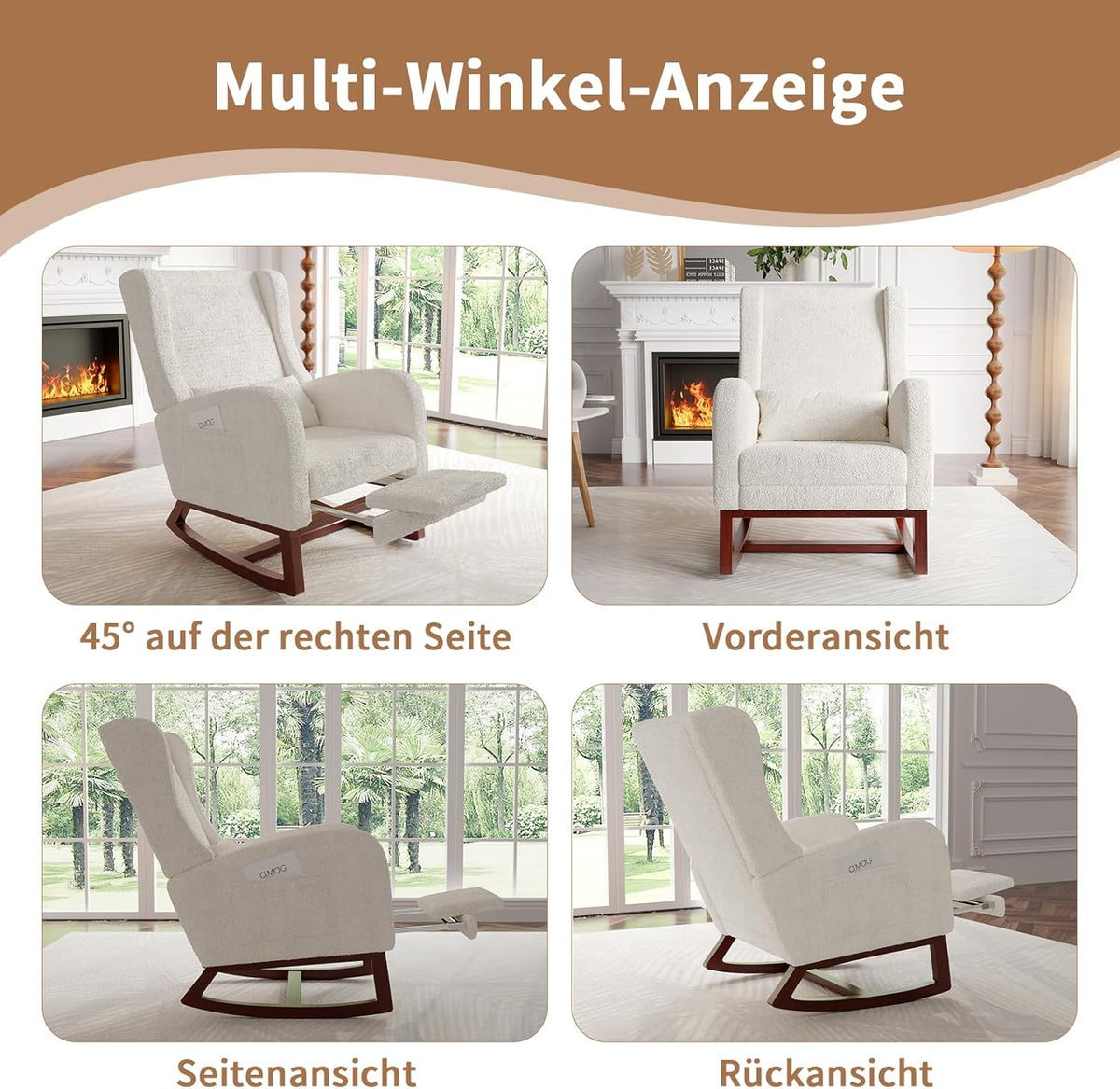 Schommelstoel – Relaxstoel – Fauteuil – Voedingsstoel – Schommelstoel Met Voetensteun – Schapenvacht Bekleding – Ergonomisch Lendenkussen – Zijvakken