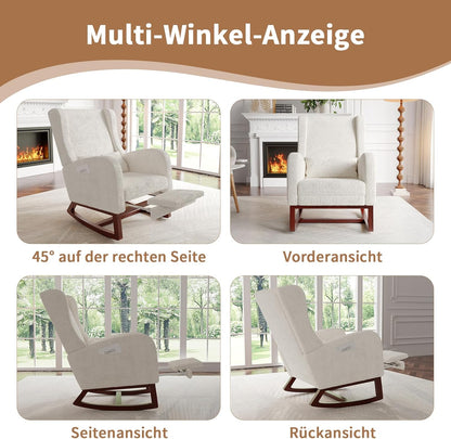 Schommelstoel – Relaxstoel – Fauteuil – Voedingsstoel – Schommelstoel Met Voetensteun – Schapenvacht Bekleding – Ergonomisch Lendenkussen – Zijvakken