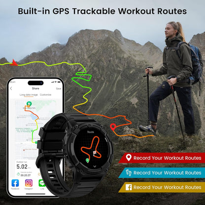 KOSPET Tank S2 Smartwatch voor dames en heren, met GPS en telefoonfunctie, 5 ATM waterdicht, fitnesstracker met AMOLED-display, bewaking van hartslag, SpO2, slaap, cyclusbewaking, 170+ sportmodi
