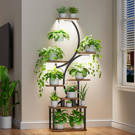 Plantenrek – Plantenstandaard – Plantentrap – Bloemenrek – Plantenetagere – S-vormig Design – 157,5 cm Hoog – Ingebouwde Groeilampen - QUORE
