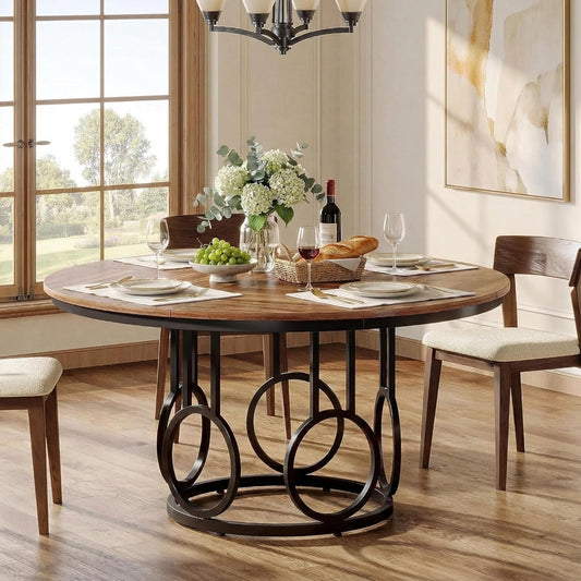 Ronde Eettafel – Eettafel Rond – Keukentafel – Salontafel – Tafel 4-6 Personen – MDF Walnoot Tafelblad – Zwart Metalen Onderstel – Ruimtebesparend Design – Landelijke Stijl