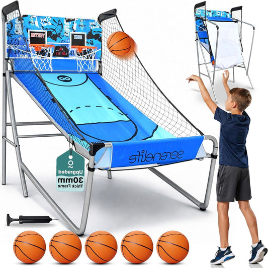 SereneLife Arcade Basketball Game Basketball Vending Machine- Heavy Folding Double Hoop with Electronic Scoreboard- Playtime Clock- Blue - QUORE