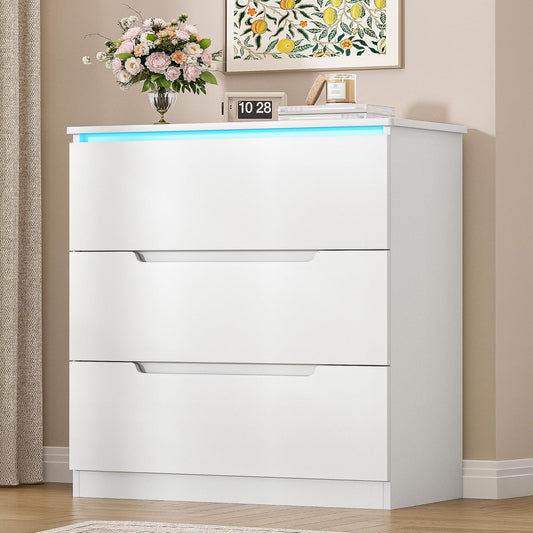 Hzuaneri Chest of Drawers, Side cabinet with LED light strip, Modern style, Suitable for living room and bedroom, 40 x 70 x 80 cm, White DC01303XEU