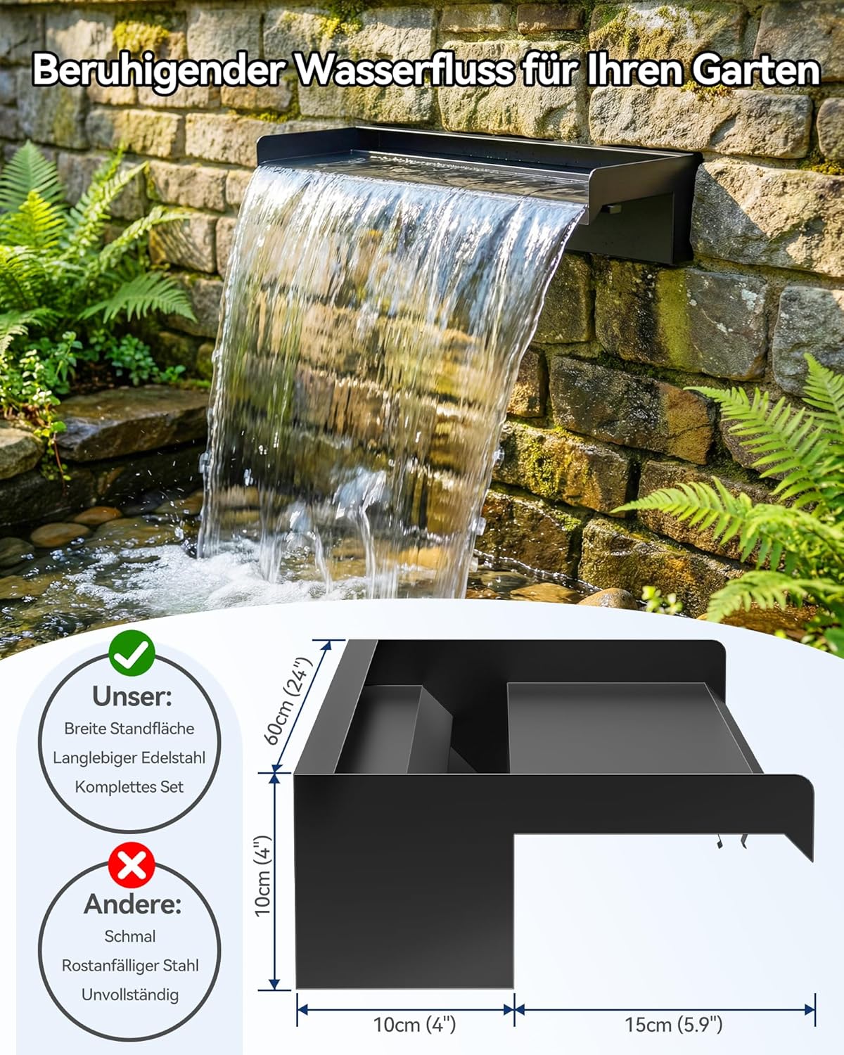 POPOSOAP Vijverwaterval met pompset, waterval-overloop van roestvrij staal 304 met 40 W pomp (660 GPH), vijveroverloop met 9,8 voet lange golfbuis voor de tuin (60 cm)