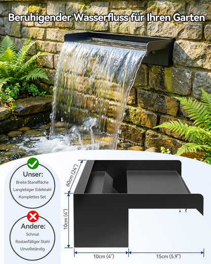 POPOSOAP Vijverwaterval met pompset, waterval-overloop van roestvrij staal 304 met 40 W pomp (660 GPH), vijveroverloop met 9,8 voet lange golfbuis voor de tuin (60 cm)