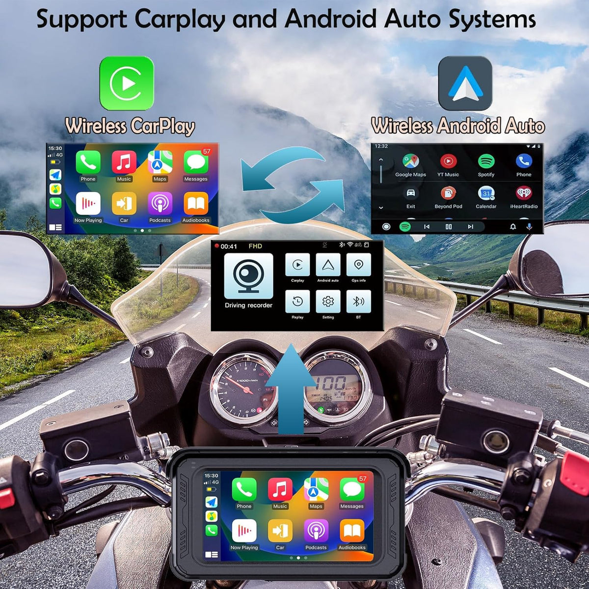 ydi Waterdichte motorfiets dashcam met draadloze CarPlay & Android Auto, 5" IPS-aanraakscherm, camera voor en achter, HD 1080P, TPMS, Bluetooth, Wi-Fi, GPS, max. 256 GB