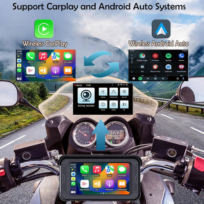 ydi Waterdichte motorfiets dashcam met draadloze CarPlay & Android Auto, 5" IPS-aanraakscherm, camera voor en achter, HD 1080P, TPMS, Bluetooth, Wi-Fi, GPS, max. 256 GB
