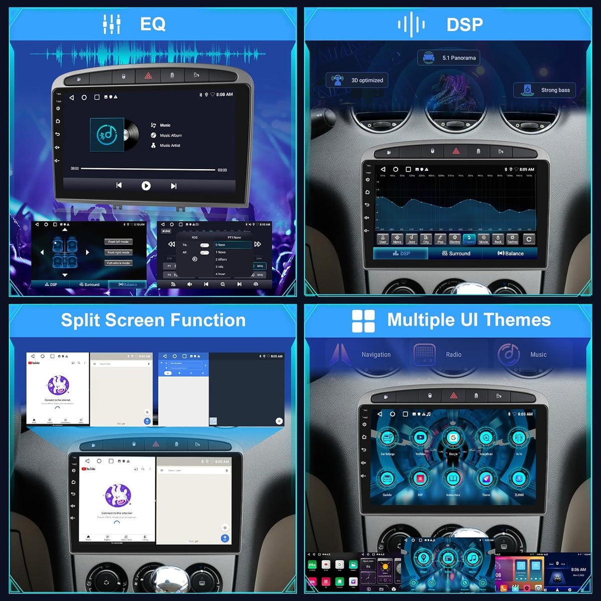 [2+64G]Android 13 Autoradio voor Peugeot 308 408 2007-2015 met Wireless Carplay & Android Auto - 9 Inch Touchscreen Autoradio met WiFi GPS Mirror Link DSP FM/RDS Radio SWC + AHD Achteruitrijcamera