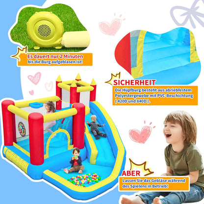 springkasteel voor kinderen met glijbaan en klimwand, opblaasbaar springkasteel met ingebouwde ventilator, binnen en buiten springmat voor kinderen Bouncy Castle 3-10 jaar 274 x 310 x 218