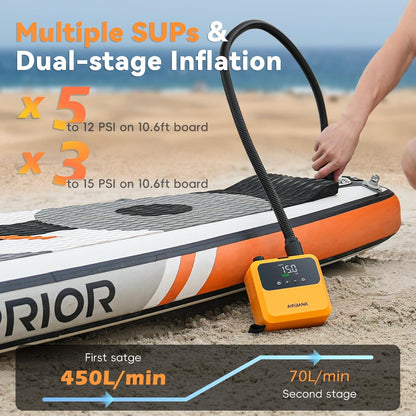 AIRBANK Mini Paddle Board Pomp PULSE Pro, Super Kleine Oplaadbare SUP-pomp, Elektrisch Draagbaar, MAX 20PSI, Snelle Inflatie, Borstelloze Motor Luchtpomp voor Kajak, Boten, Tent, Kite Vleugels (oranje