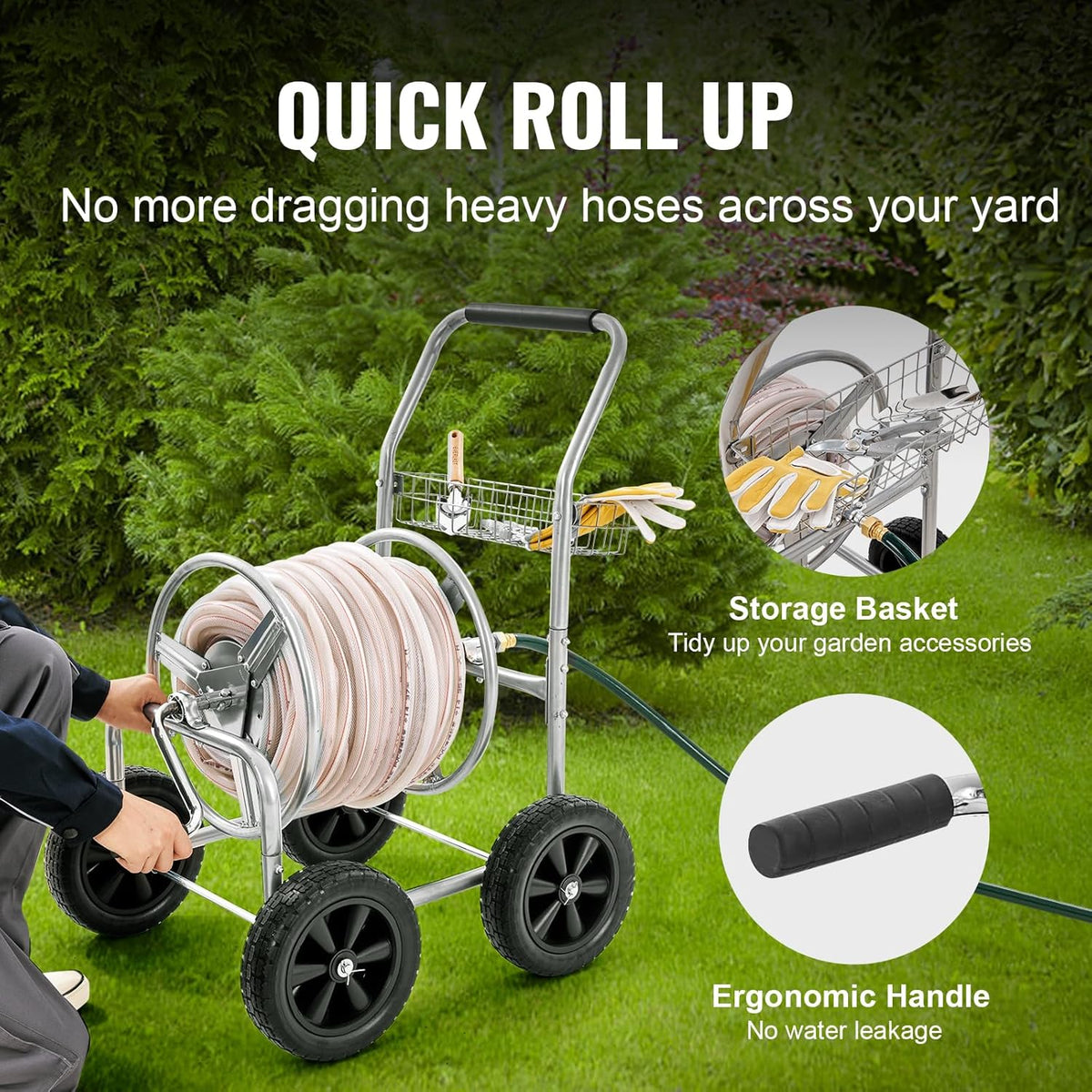 VEVOR Slanghaspelwagen, geschikt voor maximaal 250 voet 5/8 '' slang, tuinwaterslangwagens, mobiel gereedschap met 4 wielen, robuust gepoedercoat staal, buitenbeplanting met opbergmand, voor tuin,