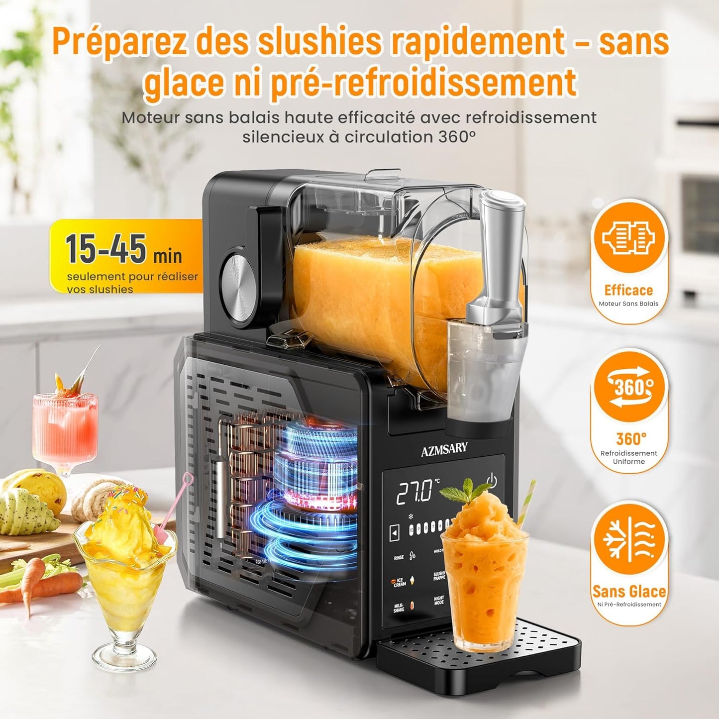Slush-machine, 2,5 liter ijsmachine en slushie machine voor thuis, met led-display, 6 vooraf ingestelde programma's voor ijs, frappés, milkshakes, automatische reiniging (zwart)