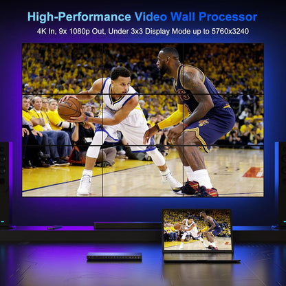 Video Wall Controller 3x3 4K, Portta HDMI Video Wall Processor met 19 splitsingsmodi, RS232, 180 ° Rotate, Audio Extractor, 3x3, 3x2, 2x3, 2x2, 4x2, 2x4, 1x2, 2x1, 9 tv -schermen in 1 Wall Display