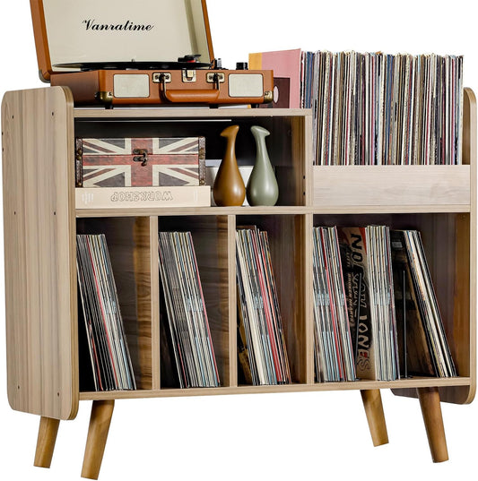 Record Player Stand, Large Turntable Cabinet with Open Vinyl Storage and Display Shelf for Up to 350 Albums, Mid-Century Wooden Turntable for Living Room, Bedroom