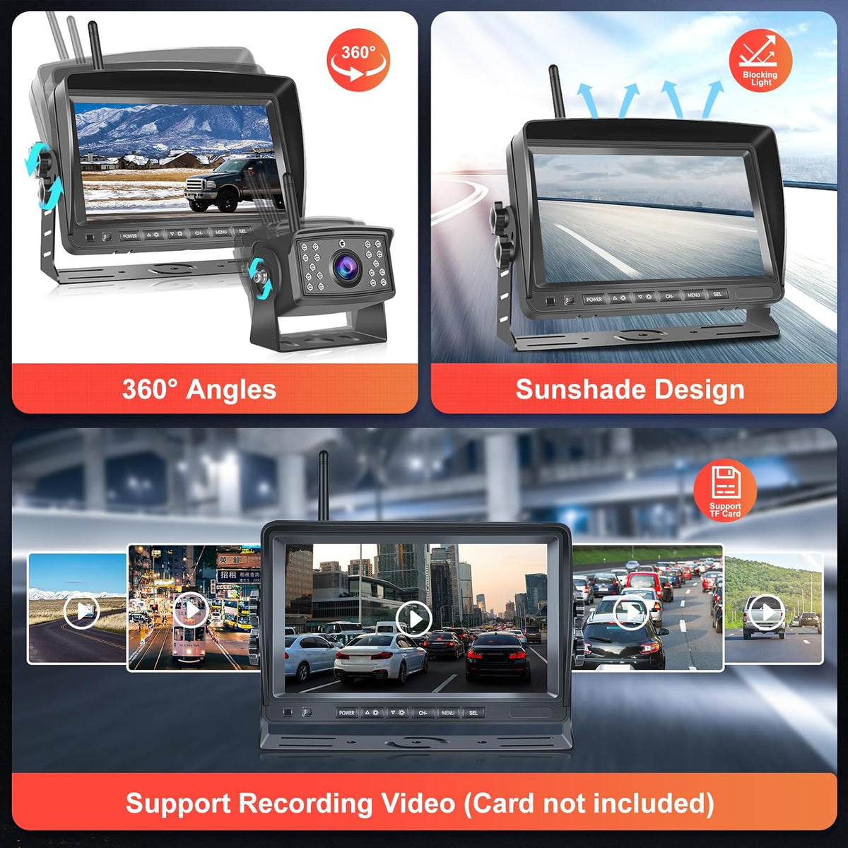 Hodozzy Digital Wireless Rear Camera 7 Inch IPS Monitor Kit AHD Rear View Camera Waterproof Night Vision Video Recording Wireless Car Rear View Camera 12V-36V - QUORE