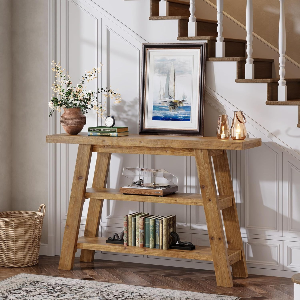 Solid Wood Console Table, 120 cm Long Country Entrance Table with 3-Stage Shelves, Rectangular Sofa Tables Behind Sofa, Narrow Accent Tables for Hallway, Entrance, Foyer, Living Room (Brown)