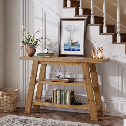 Solid Wood Console Table, 120 cm Long Country Entrance Table with 3-Stage Shelves, Rectangular Sofa Tables Behind Sofa, Narrow Accent Tables for Hallway, Entrance, Foyer, Living Room (Brown)