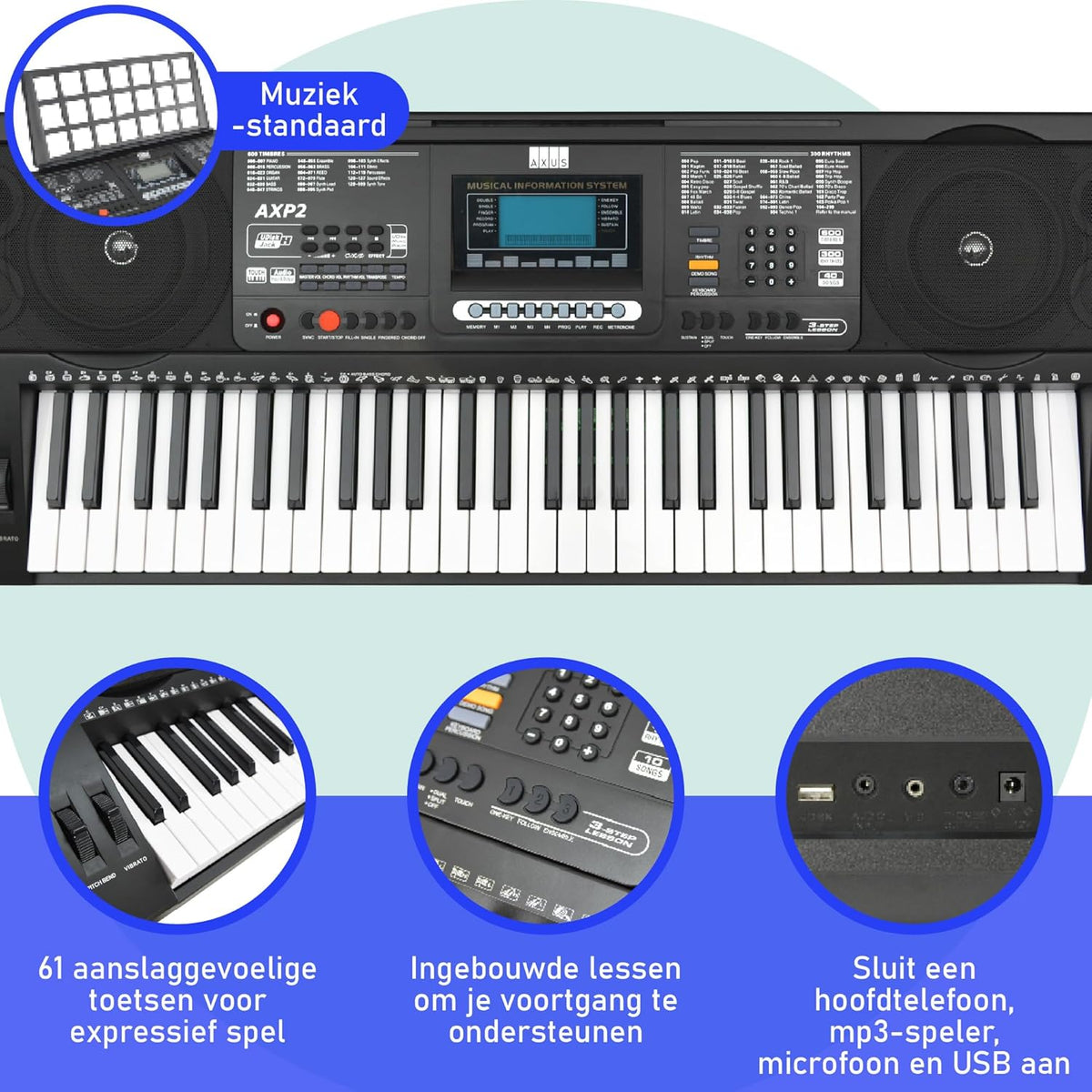 Keyboardpakket voor Beginners – Keyboard – Elektronisch Keyboard – Aanslaggevoelig Keyboard – Piano Keyboard – 61 Aanslaggevoelige Toetsen – Complete Set Met Statief, Bankje, Hoofdtelefoon En Muziekstandaard