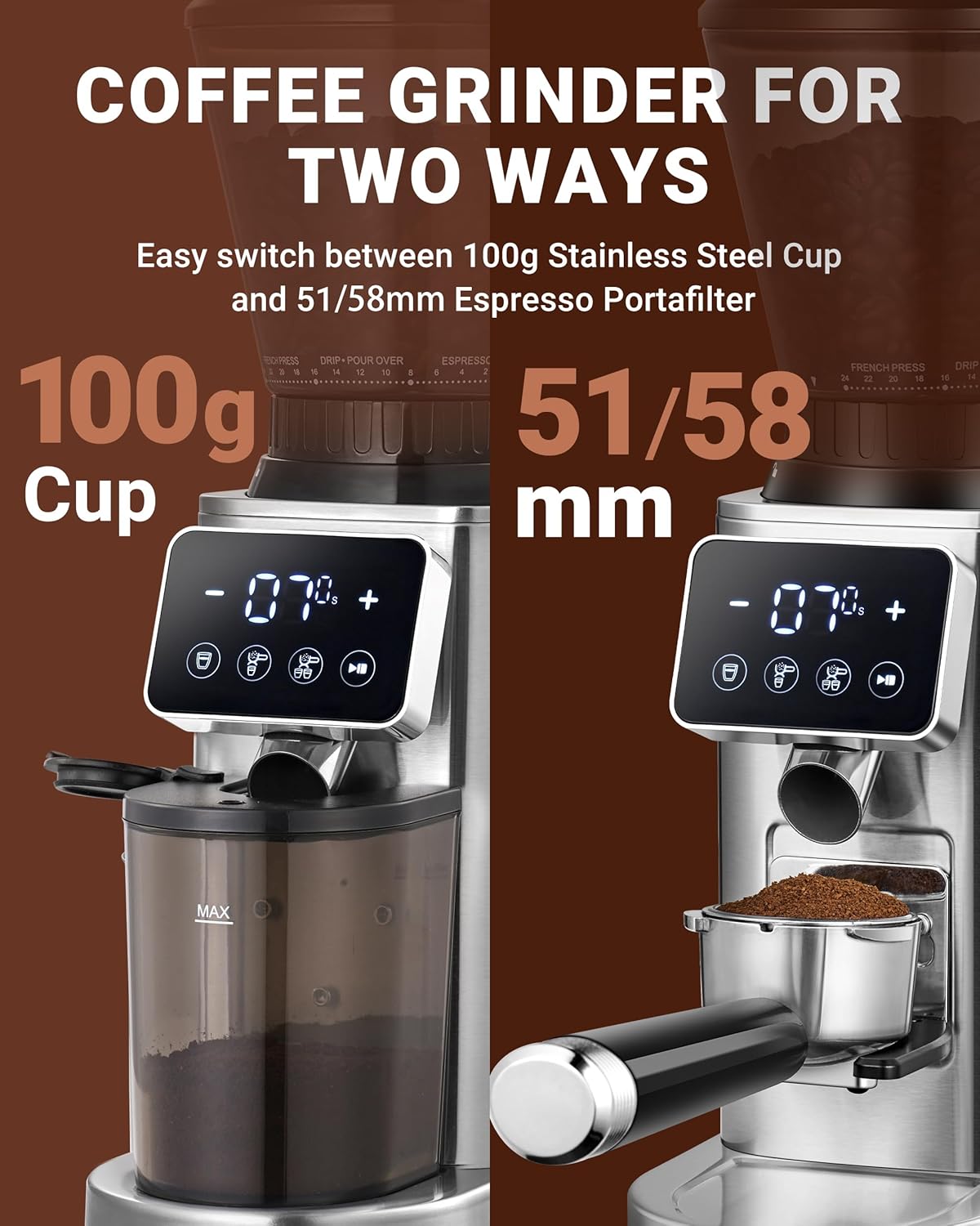 AMZCHEF Elektrische koffiemolen met afneembare houder en gemalen koffiecontainer | LED Touch Panel | 24 nauwkeurige maalinstellingen Elektrische Molen voor espresso/druppelaar/overgieten/French Press