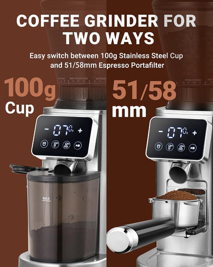 AMZCHEF Elektrische koffiemolen met afneembare houder en gemalen koffiecontainer | LED Touch Panel | 24 nauwkeurige maalinstellingen Elektrische Molen voor espresso/druppelaar/overgieten/French Press