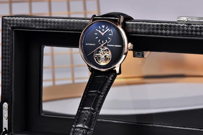 Pagani Design Mechanisch automatisch horloge voor heren, mechanisch visiewerk, behuizing 42 mm van staal 316L armband van PU-leer, waterdicht, 100 m (10 ATM), saffierglas