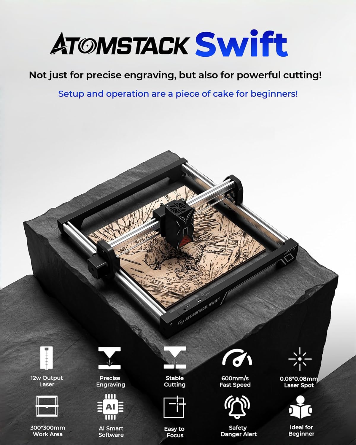 Lasergraveerder ATOMSTACK Swift voor Beginners, 12000mW Lasersnijder, 300×300mm Werkgebied, Hoog Nauwkeurige Lasergraveermachine voor Hout, Leer, Gecoate Metaal en Acryl (Swift 12W)